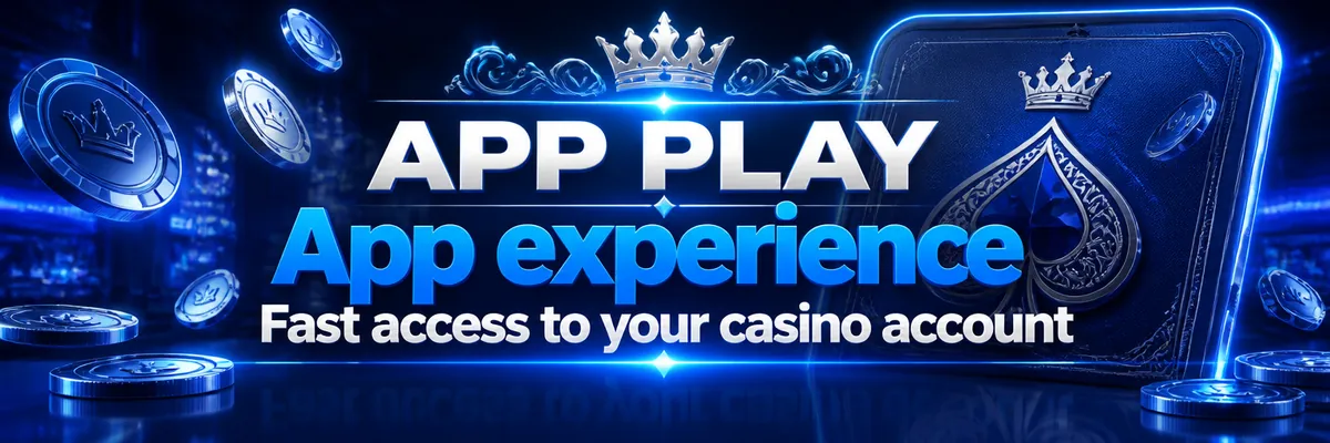 Blue and white casino app banner with a crowned emblem, floating coins and reflective card-like gaming graphics