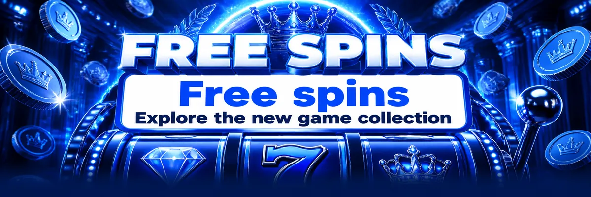 Blue and white slots banner showing floating coins, a crowned emblem and a large cropped slot graphic