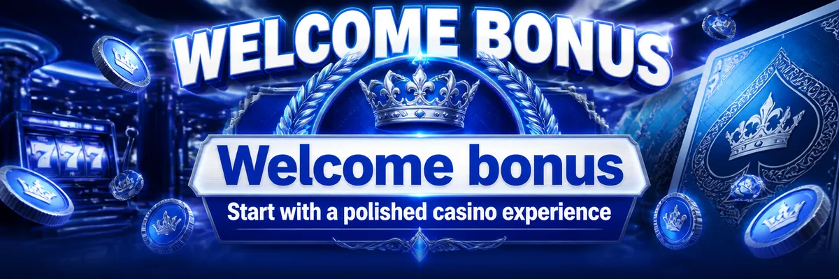 Blue and white casino banner with floating coins, a crowned emblem and reflective gaming-machine details